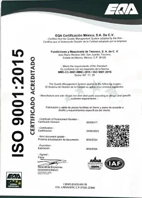 Certificado ISO 9001:2015 de Fundiciones y Maquinaria de Texcoco, emitido por EQA Certificación México